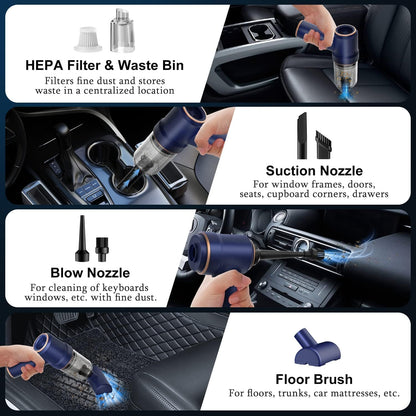 Handheld Car Vacuum Cleaner, 9000Pa Vacuum Cleaner and Air Duster, 120W High Power Hand Held Vacuum with LED Light and Multi-Nozzles for Car, Home, Office, Pet