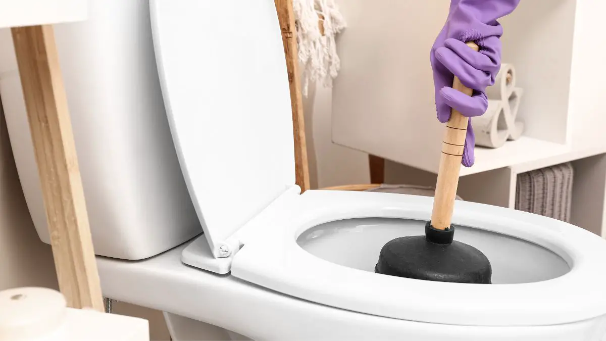 Man Using Plunger to Unclog a Toilet Bowl